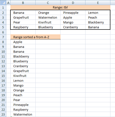 range array formula excel sort using b8