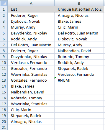 Filter a column and create a new unique list sorted from A to Z