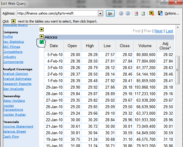 historical stock market data spreadsheet