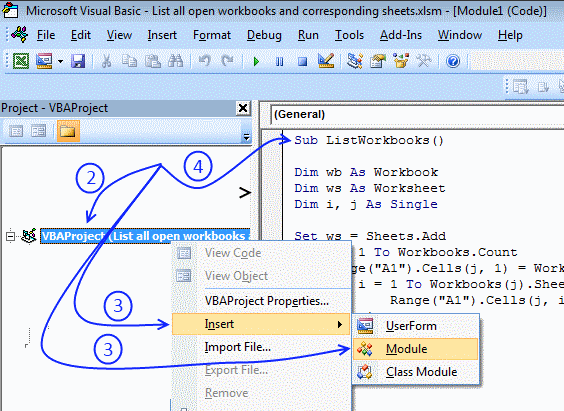 List all open workbooks and corresponding sheets [VBA]