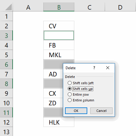 remove blank cells manually right press delete shift cells up