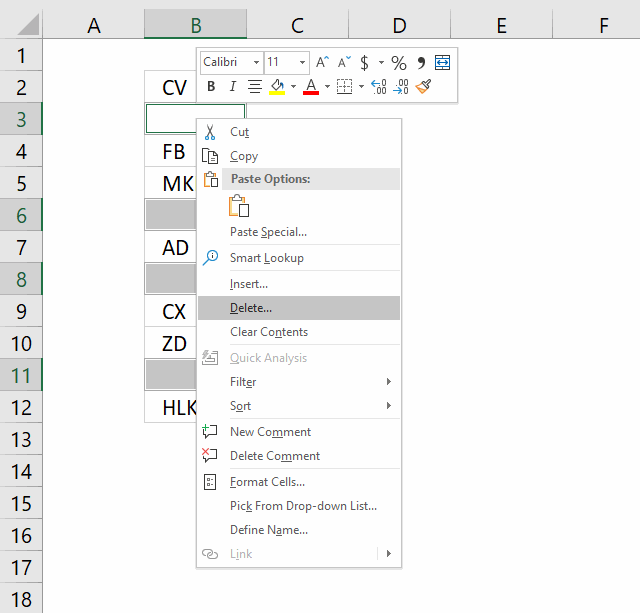 remove blank cells manually right press delete