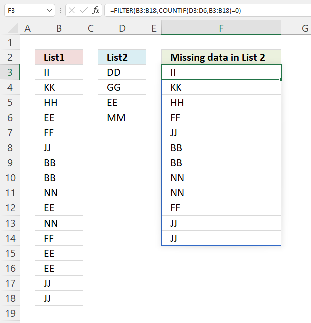 What values are missing in List 1 that exists i List 2 Excel 365