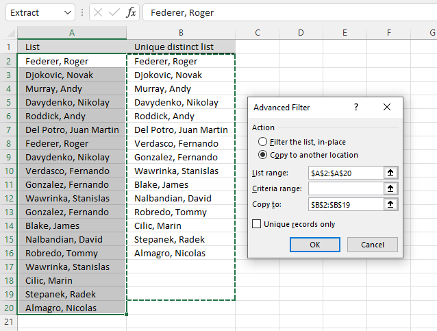 Extract a unique distinct list advanced filter