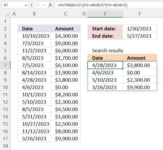 Extract records between two dates Excel 365