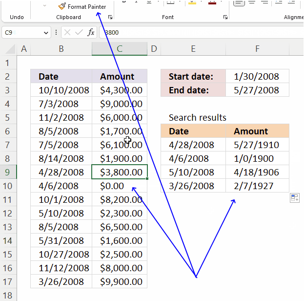 Extract records between two dates cell formatting