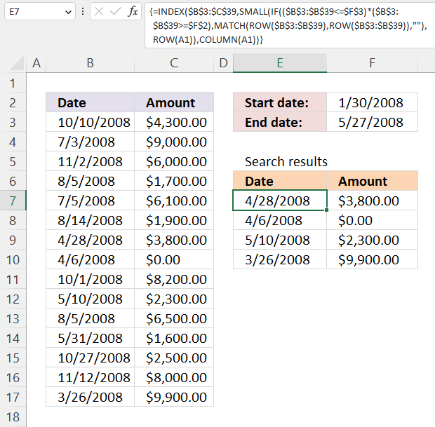 Extract records between two dates earlier Excel versions