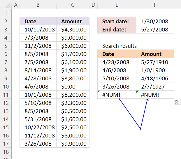 Extract records between two dates num error