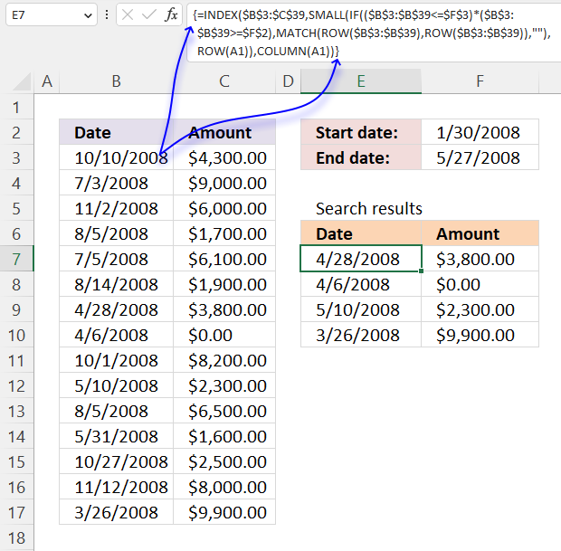 Extract records between two dates rray formula