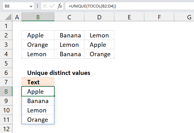 Extract unique distinct values from a multi column cell range Excel 365