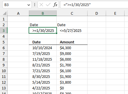 Filter rows based on a date range Advanced filter enter date range