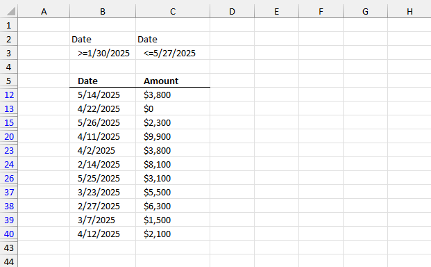 Filter rows based on a date range Advanced filter