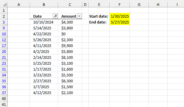 Filter rows based on a date range Autofilter