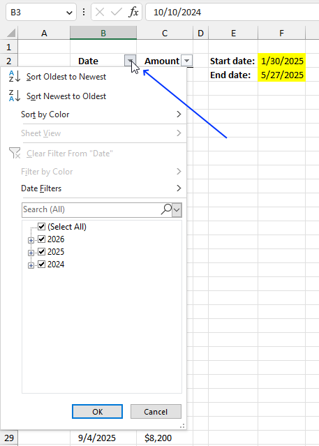 Filter rows based on a date range Autofilter4