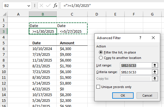 Filter rows based on a date range configure Advanced filter