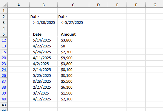 Filter rows based on a date range configure Advanced filter2