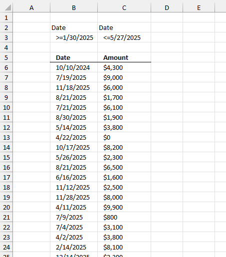 Filter rows based on a date range configure Advanced filter4
