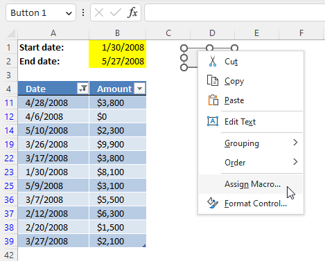 Filter rows in an Excel table using VBA assign macro2