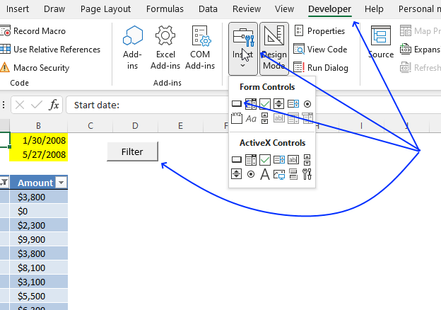 Filter rows in an Excel table using VBA how to create a button