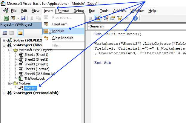 Filter rows in an Excel table using VBA