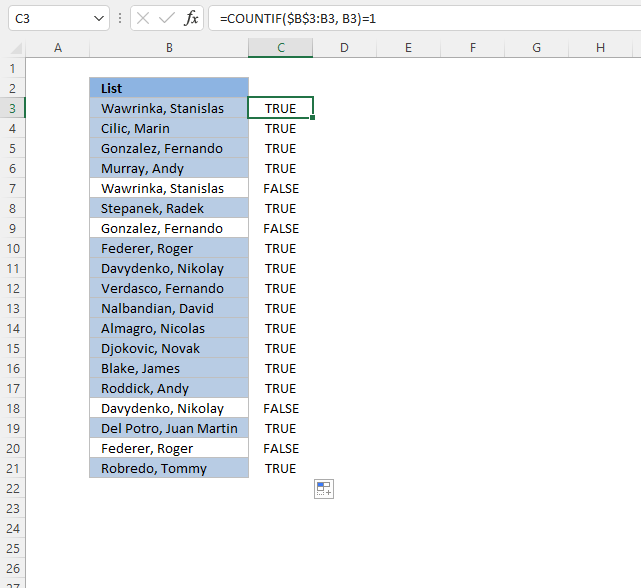 Highlight a unique distinct list Conditional formatting