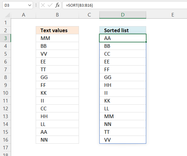 Sort a column Excel 365