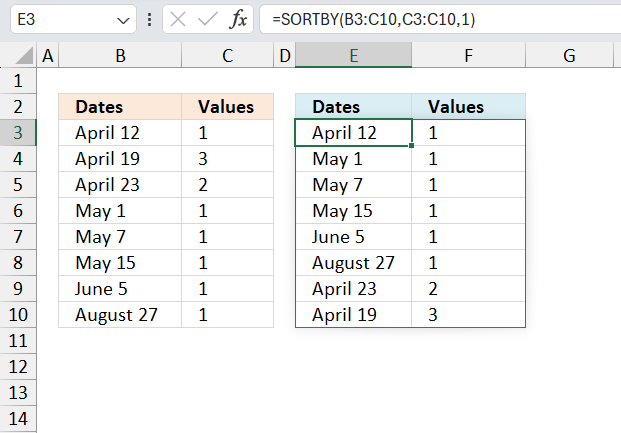 Sort two columns by the second column Excel 365