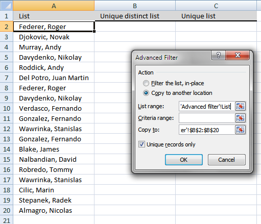 Picture showing the Advanced Filter dialog box