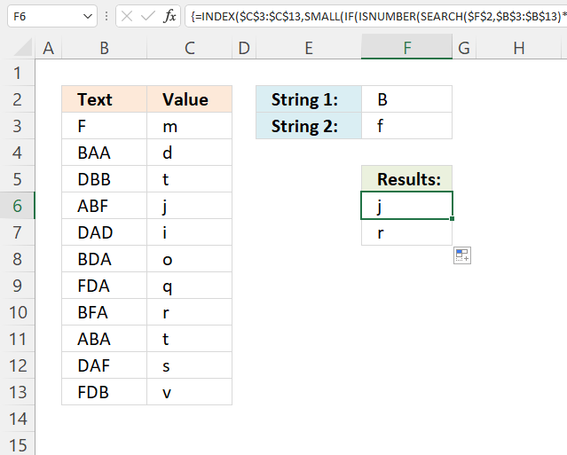 Partial match for multiple strings AND logic returns all matches from corresponding cell range