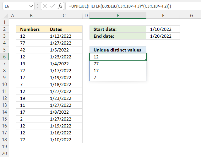 Filter unique distinct values based on a date range