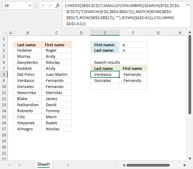 Partial match with two conditions and return multiple search results1