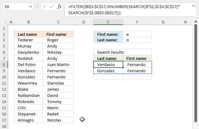 Partial match with two conditions and return multiple search results2