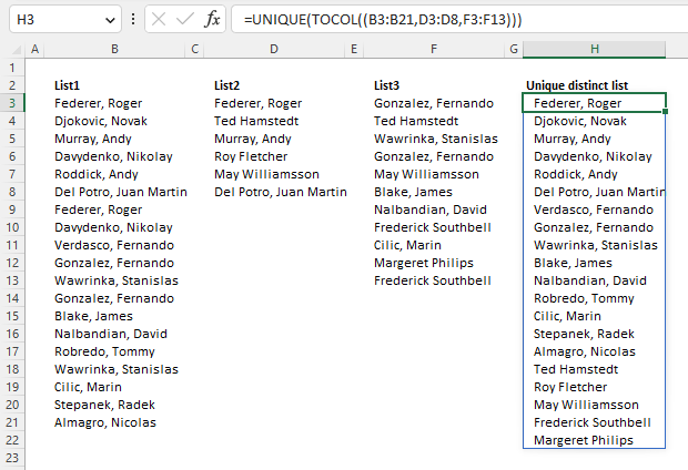 Extract a unique distinct list from three columns Excel 365