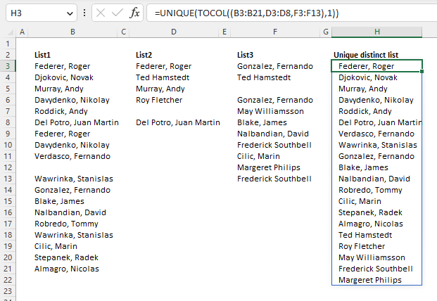 Extract a unique distinct list from three columns with possible blanks Excel 365