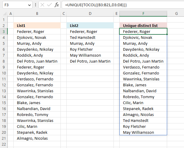 Extract a unique distinct list from two columns Excel 365