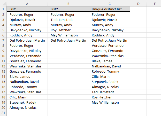 Extract a unique distinct list from two columns earlier version 2