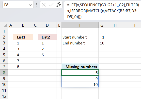 Identify missing numbers in two columns based on a numerical range Excel 365
