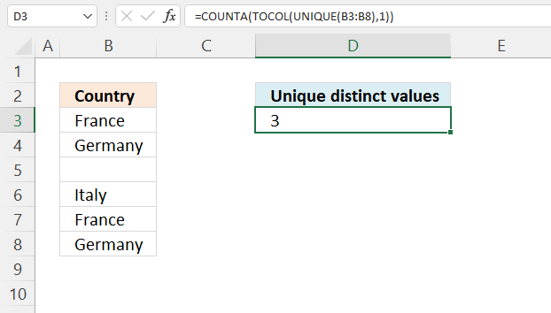 count unique distinct values ignore blanks Excel 365