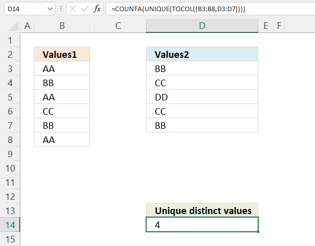 count unique distinct values in tow columns