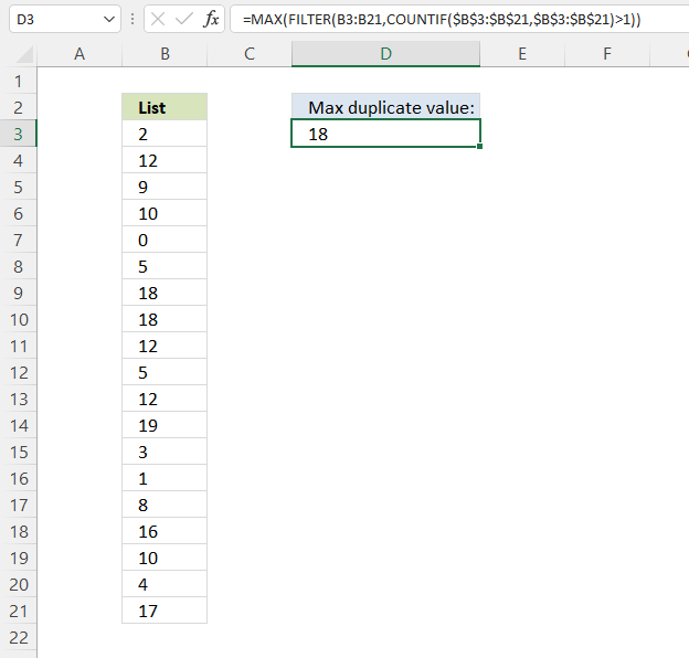 Extract the largest duplicate number Excel 365