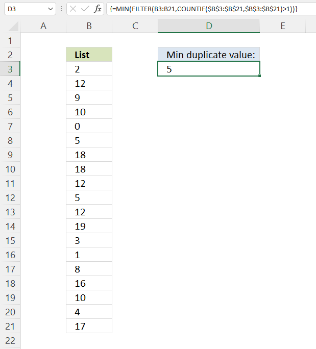 Extract the smallest duplicate number Excel 365 1