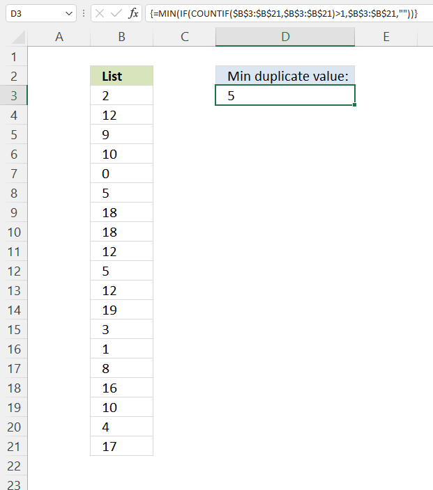 Extract the smallest duplicate number Excel 365