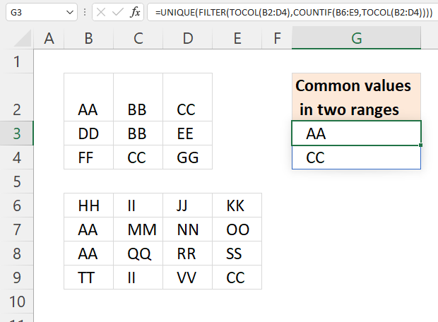 Filter common values between two ranges Excel 365