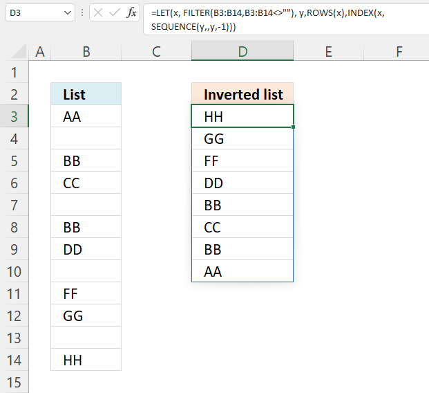 Invert a list ignoring blanks excel 365