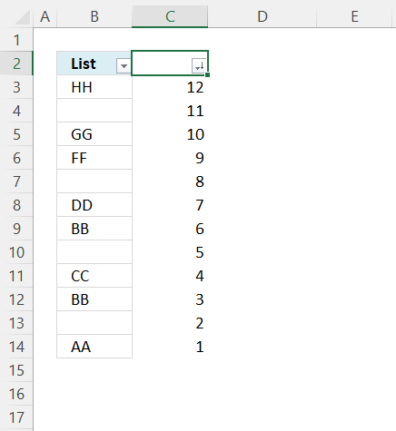 Invert a list ignoring blanks manual steps 2