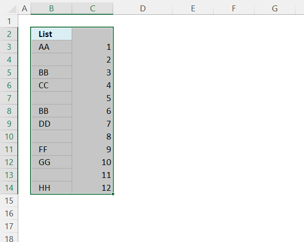 Invert a list ignoring blanks manual steps