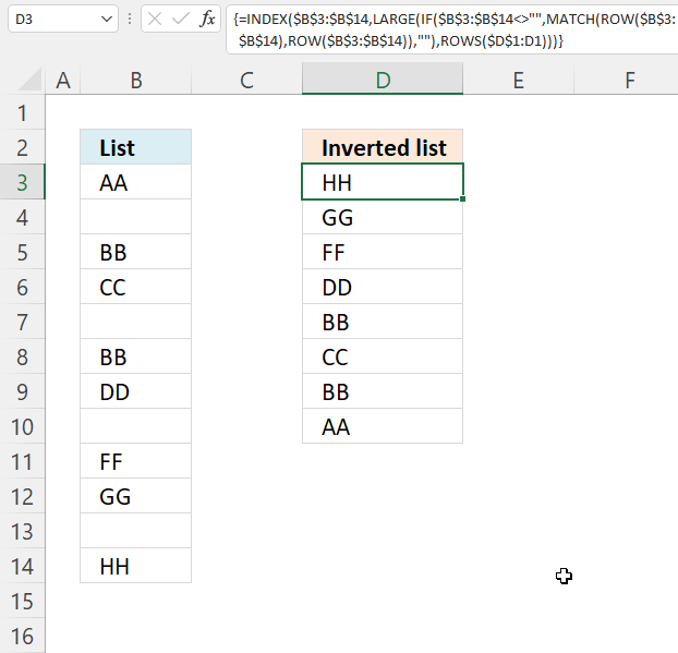 Invert a list ignoring blanks