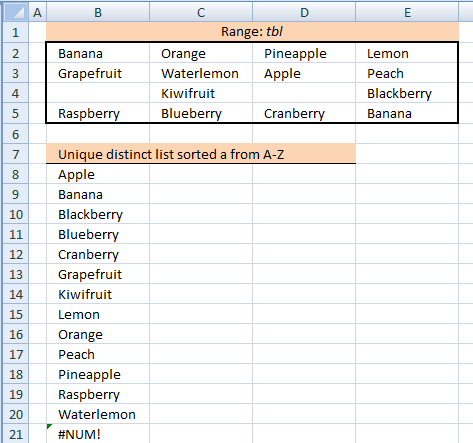 Extract a unique distinct list sorted alphabetically removing blanks from a range
