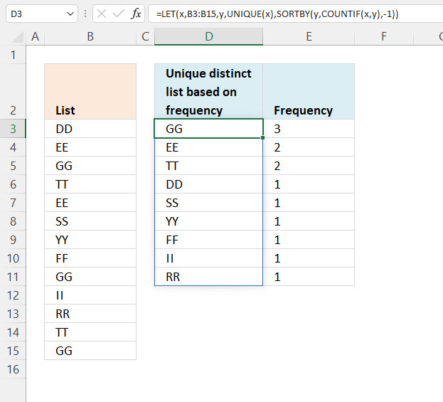 Unique distinct values sorted based on frequency Excel 365
