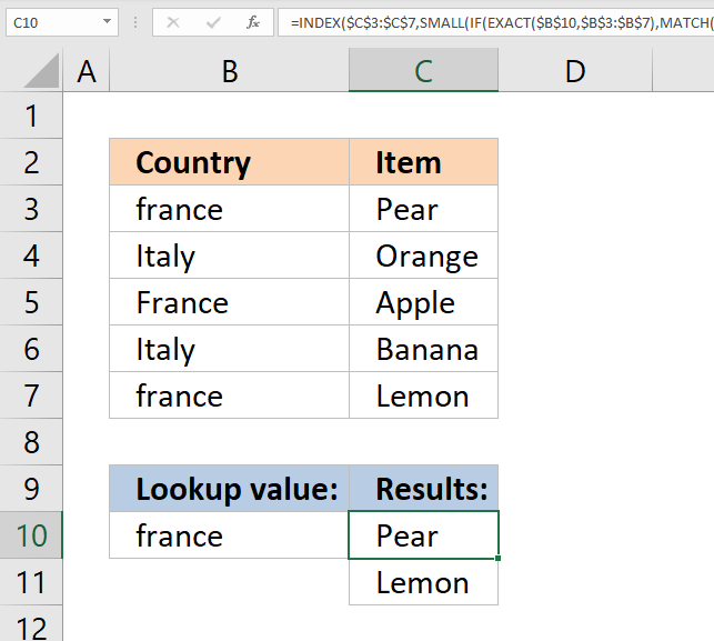 vlookup return multiple values case sensitive